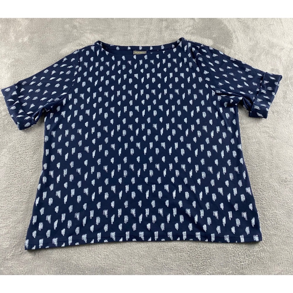 Style & Co Womens XXL Navy Blue White Abstract Dot Boat Neck Cuffed Sleeve Top‎